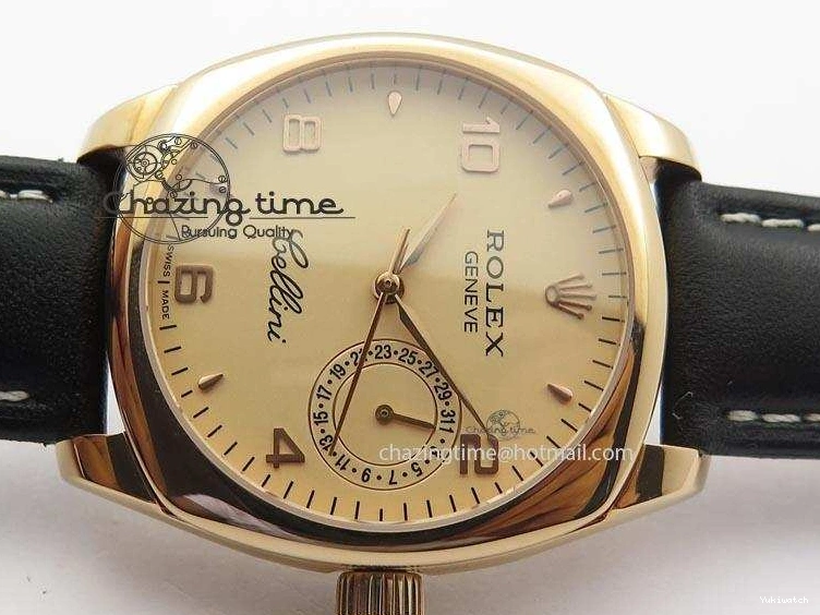 A2824 Cellini Markers Numeral Leather Date RG Rose Black Dial On Gold Strap 0721